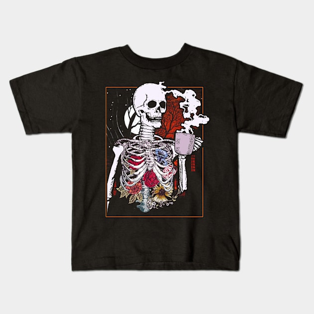 Halloween Coffee Drinking Skeleton Skull Kids T-Shirt by folidelarts